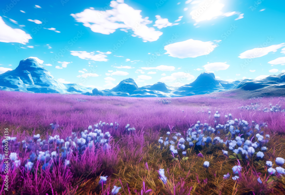 Fototapeta premium Field with lots of flowers and blue sky, White daisies, purple flowers, sky and dahlias, naturalistic landscape backgrounds. Generative Ai Illustration.