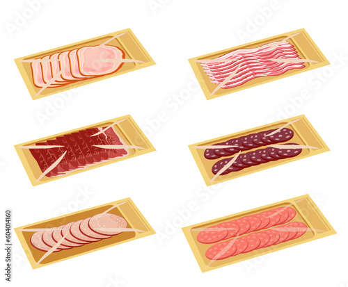 Food packed in food containers, slices of bacon, meat, jamon, sausages, ham and so on. Package with transparent wrap, food plastic tray container vector Illustration on a white background.