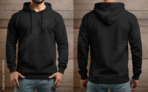 black hoodie sweater photo with front and back view isolated on wooden wall background. generative ai