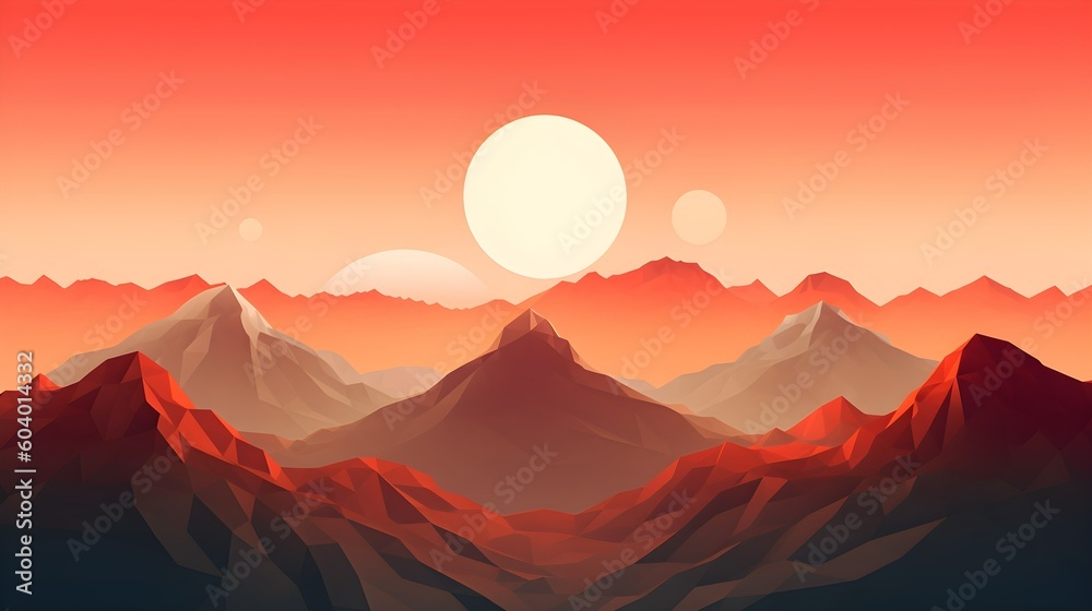 Minimalist mountain landscape background. Set of abstract nature backgrounds, hills, sun silhouettes with japanese style. Generative AI.