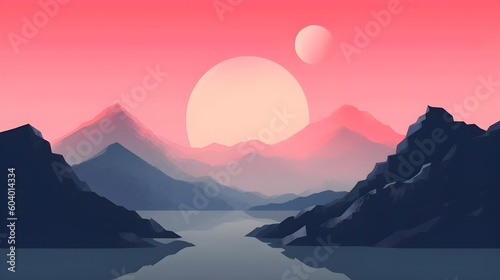 Minimalist mountain landscape background. Set of abstract nature backgrounds, hills, sun silhouettes with japanese style. Generative AI. © KHF