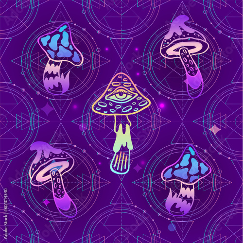 Bright psychedelic mushrooms seamless pattern, retro 60s, 70s hippie style background. Vintage psychedelic textile, fabric, wrapping, wallpaper. Vector repeating magic illustration.