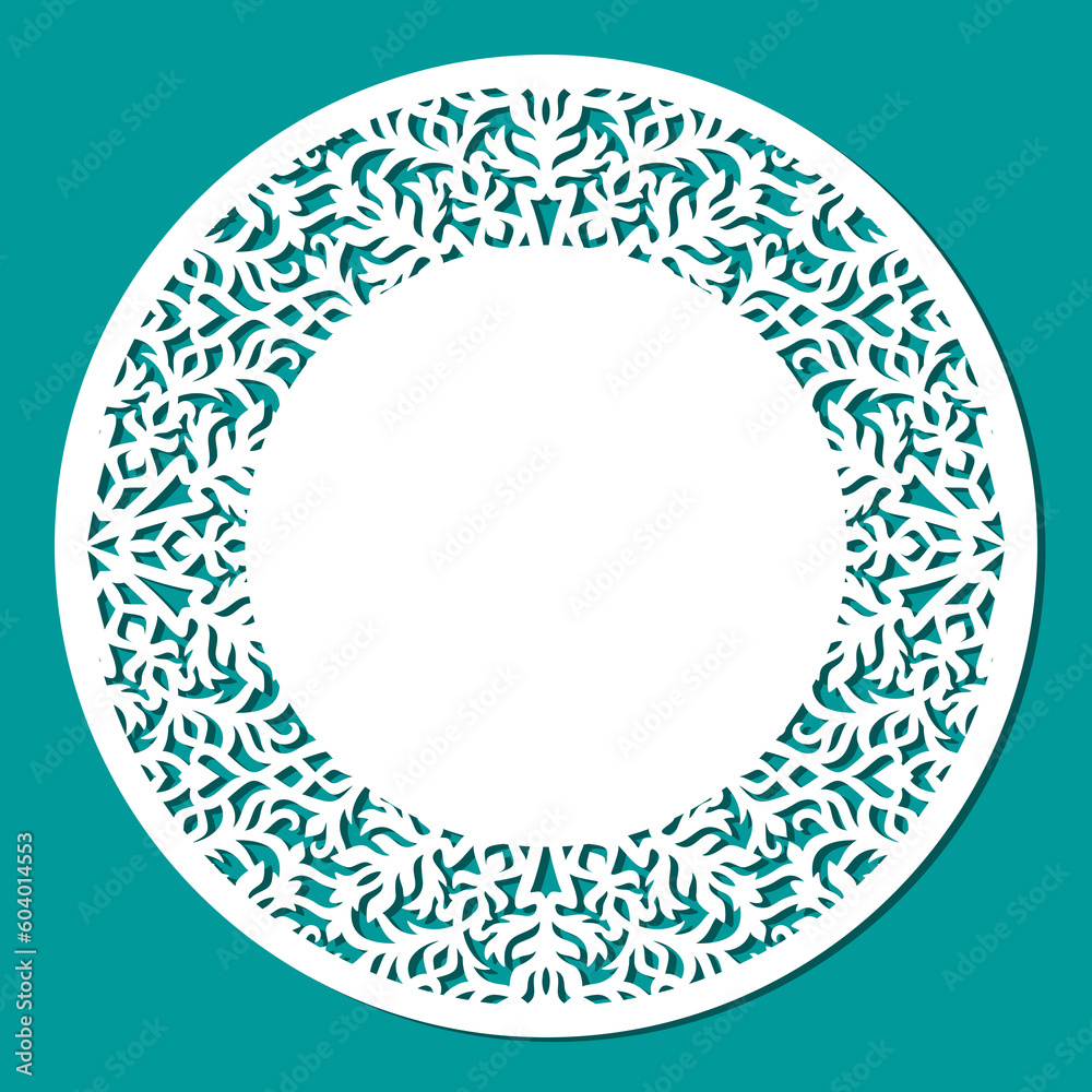Round blank with openwork edge. White mockup of card, certificate, wedding invitation. Template for plotter laser cutting of paper, fretwork, wood carving, metal engraving, cnc. Vector illustration.