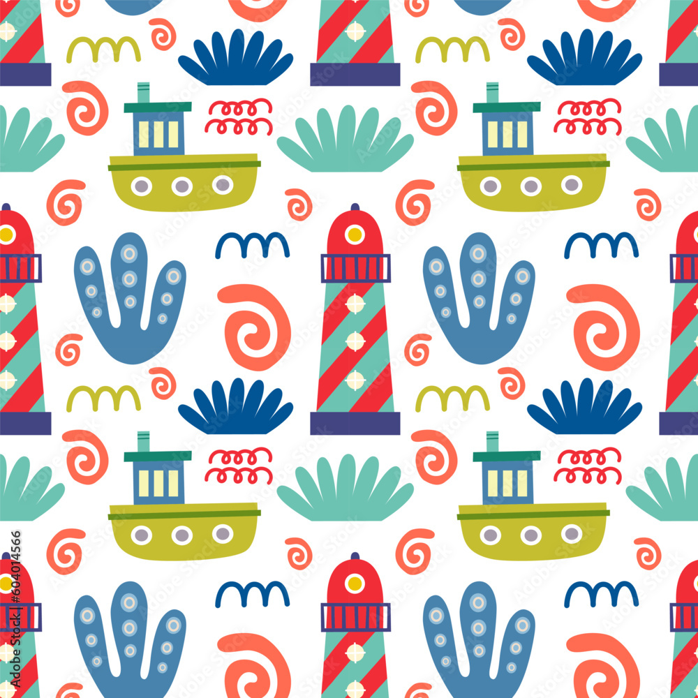 Seamless pattern with lighthouses. Vector background with a marine theme.