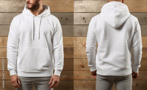 white hoodie sweater photo with front and back view isolated on wooden wall background. generative ai