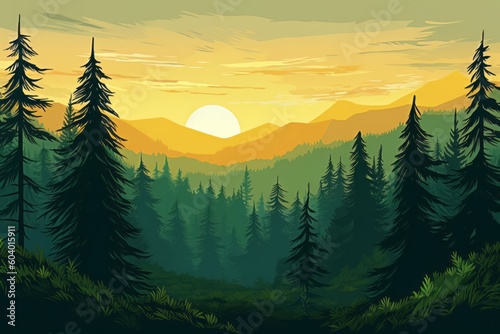 Landscape forest mountains nature adventure travel background - Illustration of valley view of forest fir trees, mountains and sunset, Generative Ai