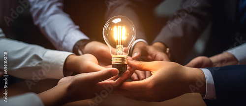 hand of business man holding light bulb with Innovation and idea business people planing and analysis work in office, dream team and team work concept, Generative AI