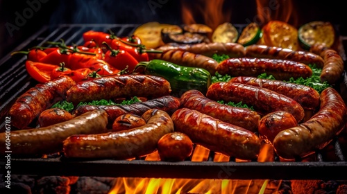 BBQ with fiery sausages and vegetables on the grill. Generative AI.