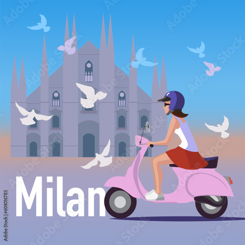 Girl riding a scooter in the centre of Milan vector illustration