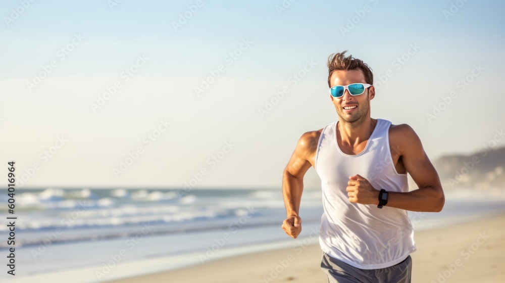 Attractive fit man running on Santa Monica Beach boardwalk pacific ocean in background. Generative AI. Attractive fit man running on Santa Monica Beach boardwalk pacific ocean in background. Generative AI.