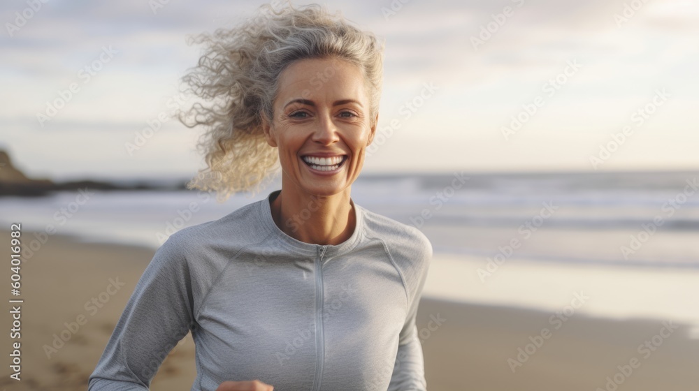 Attractive fit woman running on Santa Monica Beach boardwalk pacific ocean in background. Generative AI. Attractive fit woman running on Santa Monica Beach boardwalk pacific ocean in background. Generative AI.