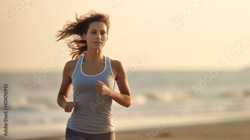 Attractive fit young woman running on Santa Monica Beach boardwalk pacific ocean in background. Generative AI.