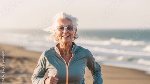 Older female doing sport to keep fit. Mature woman running along the shore of the Beach boardwalk pacific ocean in background. Generative AI.