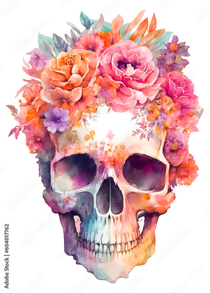 Boho skull with pink and orange flowers illustrations in watercolor style. Sugar skull art on white background. Generative AI image. Boho skull with pink and orange flowers illustrations in watercolor style. Sugar skull art on white background. Generative AI image.