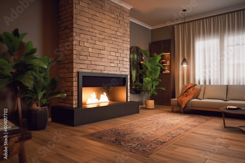 Modern interior design of the living room with fireplace. Super photo realistic background, generative ai illustration 