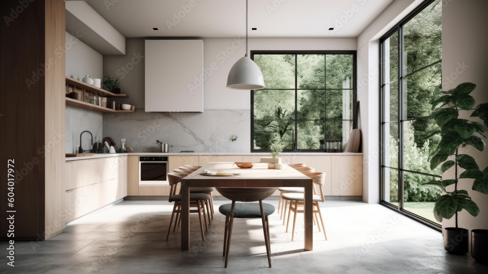 Modern spacious minimalistic kitchen with loft elements with large panoramic windows. Dining area, table and chairs. Combination of wood and concrete. Comfortable living space. Generative AI Modern spacious minimalistic kitchen with loft elements with large panoramic windows. Dining area, table and chairs. Combination of wood and concrete. Comfortable living space. Generative AI