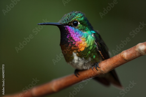 Close-up of a small and beautiful hummingbird sitting on a flower-filled branch in Trinidad and Tobago. AI Generative