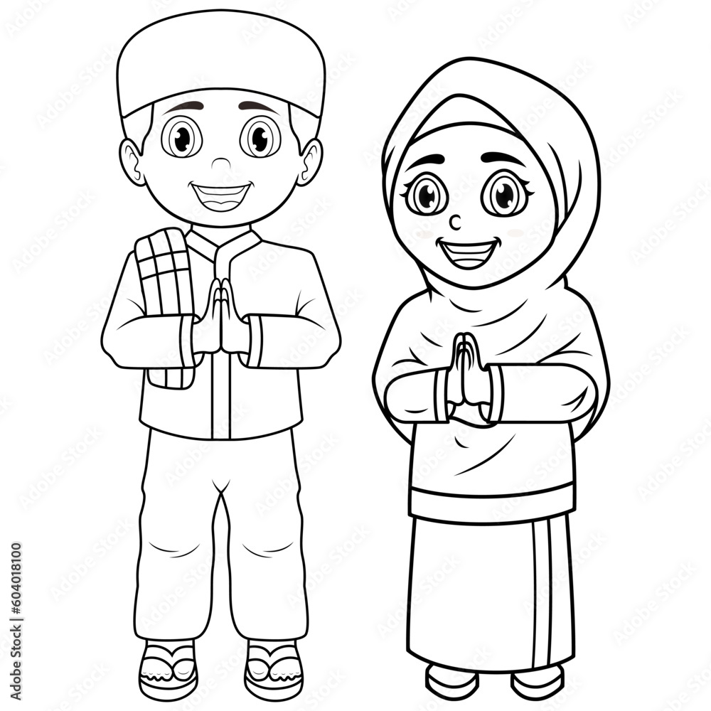 Illustration of Happy couple muslim kids cartoon line art Illustration of Happy couple muslim kids cartoon line art