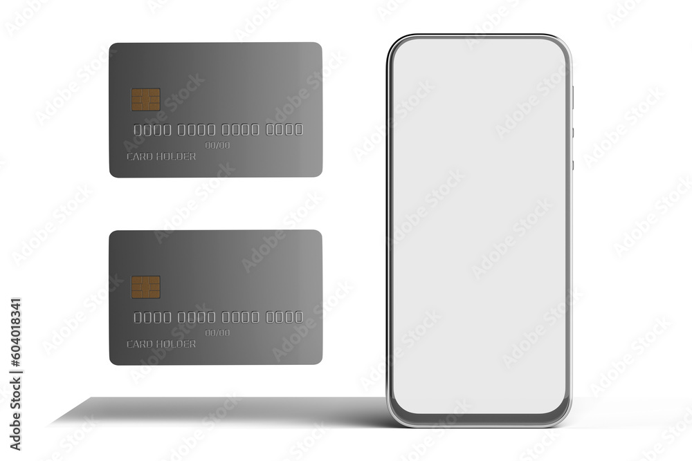 White phone screen with bank card isolated. Plastic card for online payments. Mobile payment concept. 3D visualization. White phone screen with bank card isolated. Plastic card for online payments. Mobile payment concept. 3D visualization.