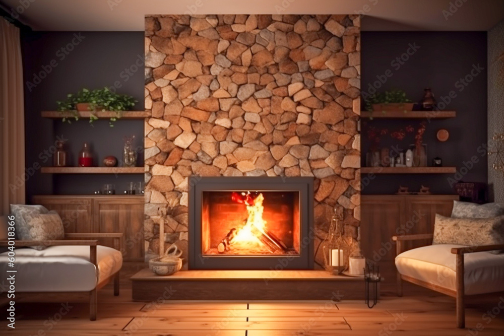 Modern interior design of the living room with fireplace. Super photo realistic background, generative ai illustration Modern interior design of the living room with fireplace. Super photo realistic background, generative ai illustration