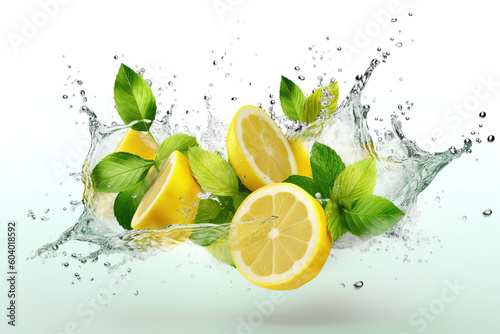 Water splash on white background with lemon slices, mint leaves and ice cubes.