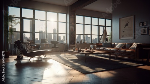The interior of a luxury apartment in a modern building with panoramic windows and a stunning view of the city in the rays of the setting sun. Generative AI © Georgii