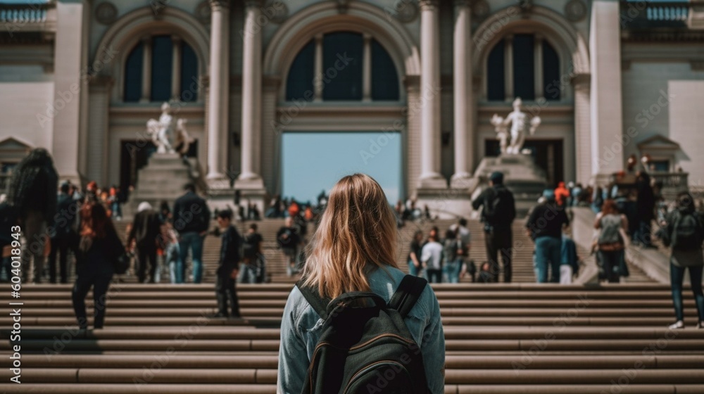 A girl from behind walking up the steps of the Metropolitan Museum of Art in New York City, with the iconic building and a bustling crowd visible in the background Generative AI