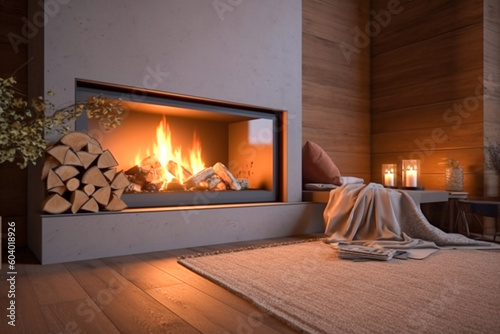 Modern interior design of the living room with fireplace. Super photo realistic background, generative ai illustration	