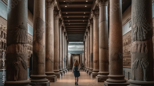 Fotografie, Obraz A girl from behind walking through the halls of the British Museum in London, wi