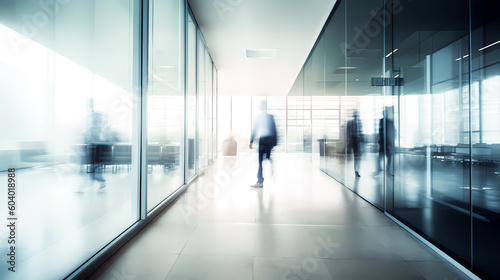 Modern company hallway interior design with business people walking. AI generated contemporary workplace with glass walls, agency or company headquarters with corporate people in blurred motion