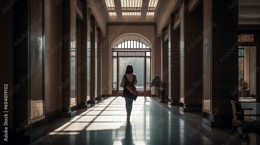 A girl from behind walking through the halls of the National Museum of China in Beijing, with the striking modern architecture and impressive collections of Chinese history and cul Generative AI