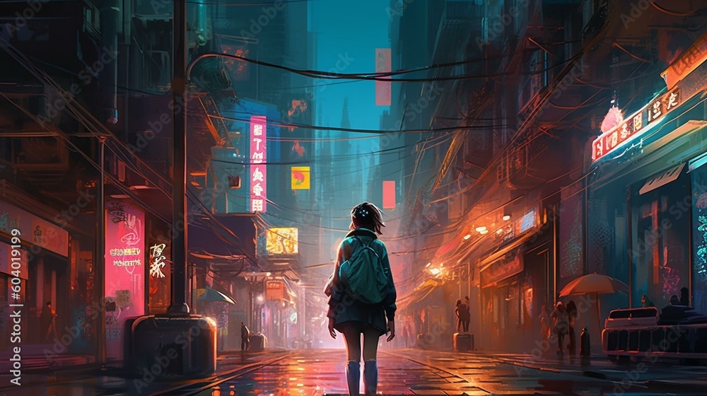 A girl from behind strolling through a bustling city street, with towering skyscrapers and neon lights illuminating the scene Generative AI