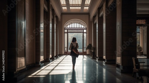A girl from behind walking through the halls of the National Museum of China in Beijing, with the striking modern architecture and impressive collections of Chinese history and cul Generative AI