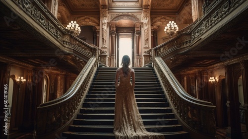 A girl from behind walking down the grand staircase of a stately mansion  with intricate architecture and opulent decor surrounding her Generative AI