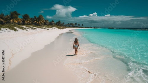 A girl from behind walking along a pristine white sand beach, with turquoise waters and palm trees swaying in the background Generative AI