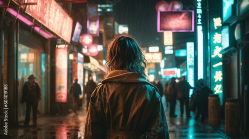 A girl from behind strolling through a bustling city street, with towering skyscrapers and neon lights illuminating the scene Generative AI