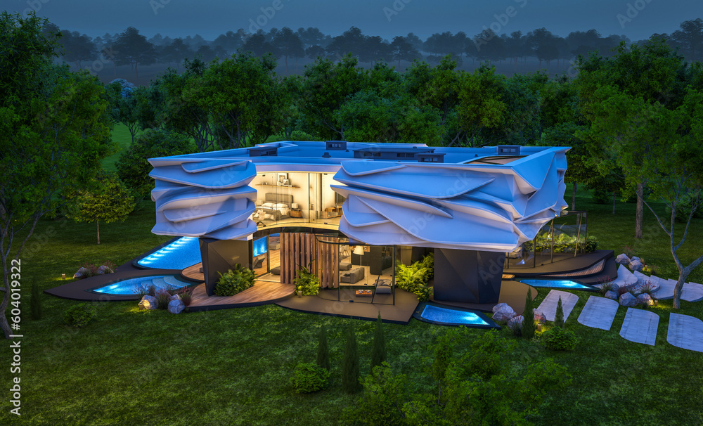 3d rendering of cute cozy modern house with bionic natural curves plastic forms with parking and pool for sale or rent with beautiful landscape. Clear summer night with many stars on the sky 3d rendering of cute cozy modern house with bionic natural curves plastic forms with parking and pool for sale or rent with beautiful landscape. Clear summer night with many stars on the sky