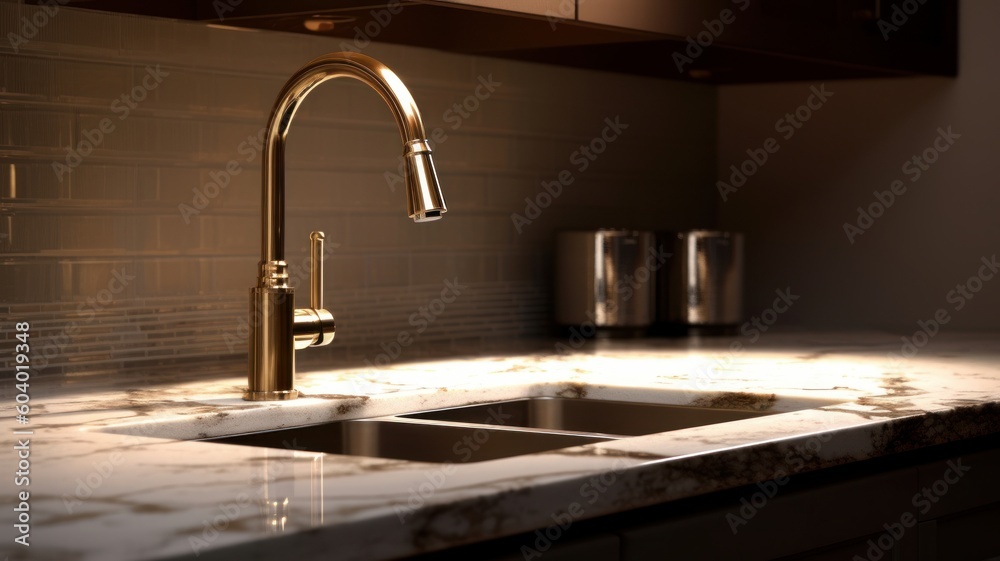 Close-up of a kitchen water faucet with a sink on a marble finished countertop. Modern kitchen interior design. Generative AI Close-up of a kitchen water faucet with a sink on a marble finished countertop. Modern kitchen interior design. Generative AI