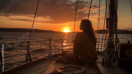 A girl from behind lounging on the deck of a sailboat, with the sun setting in a blaze of reds and oranges over the horizon Generative AI