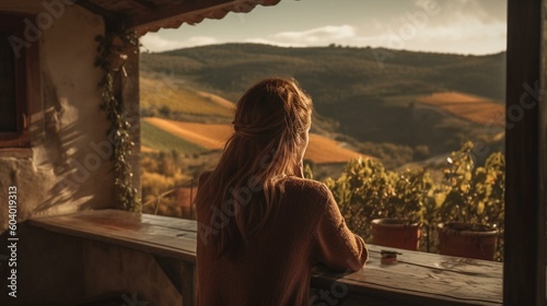 A girl from behind sitting on the terrace of a rustic villa, with rolling hills and vineyards visible in the distance Generative AI © Maksym