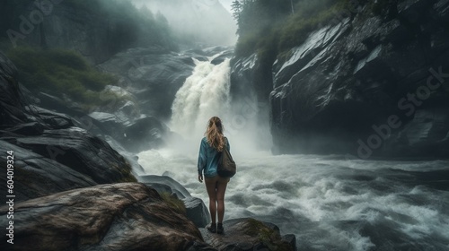 A girl from behind standing at the edge of a massive waterfall, with the rushing water and mist creating a dramatic and awe-inspiring scene Generative AI