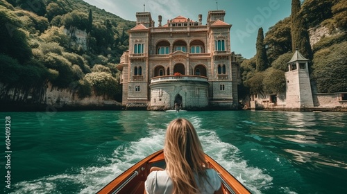 Foto A girl from behind sitting in a speedboat, racing through narrow canals and wate