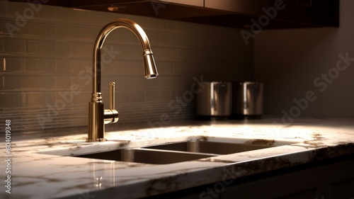 Close-up of a kitchen water faucet with a sink on a marble finished countertop. Modern kitchen interior design. Generative AI