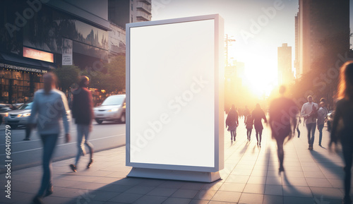 Vertical white empty LED billboard mockup in the city. AI generative advertising banner display in the street with crowd of people walking in blurred motion. Digital signage for ads and promotions