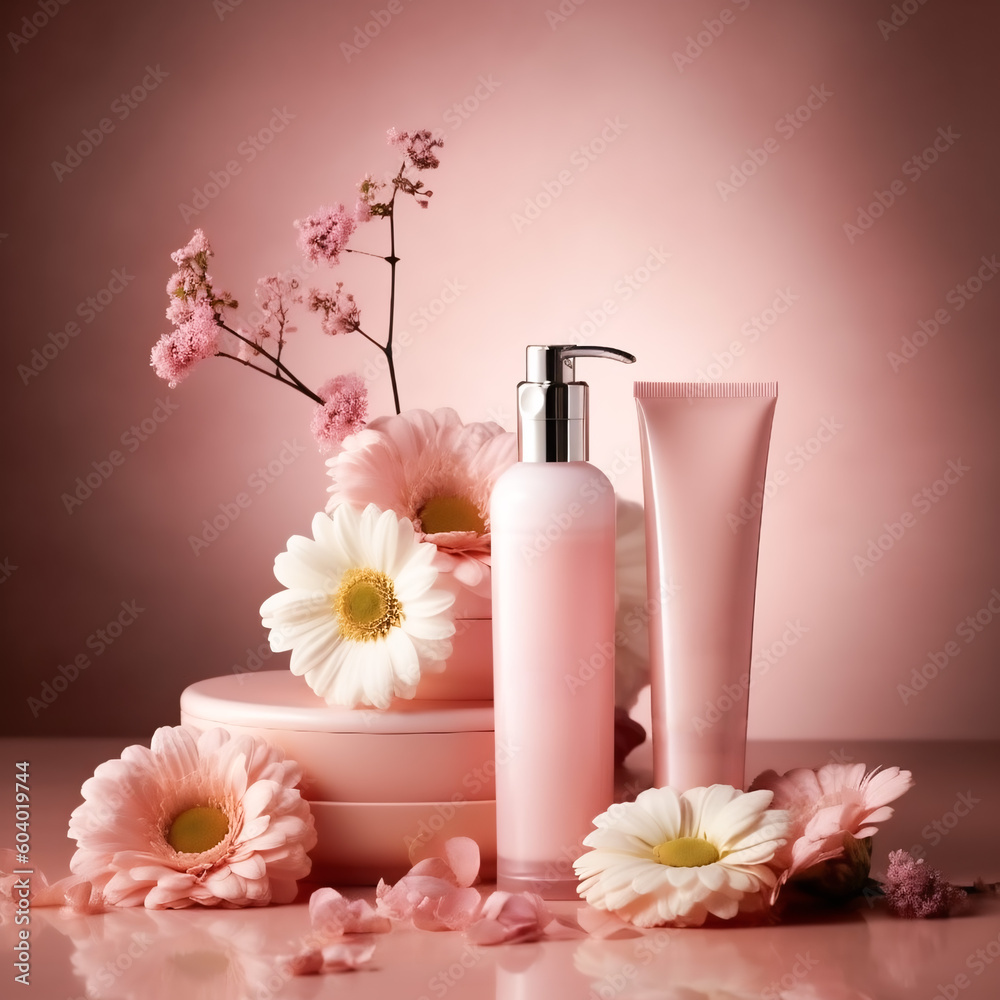 Beauty products with pink flowers on a soft pink background. Cosmetic and skincare products Beauty products with pink flowers on a soft pink background. Cosmetic and skincare products