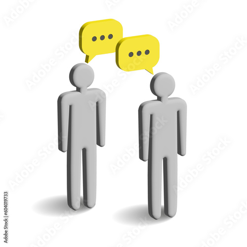 Conversation between two people, two 3d humans with idea bubbles. Discussion, dispute,  talk, speech icon. Social network group of people, news social networks, meeting chat. 3D vector illustration