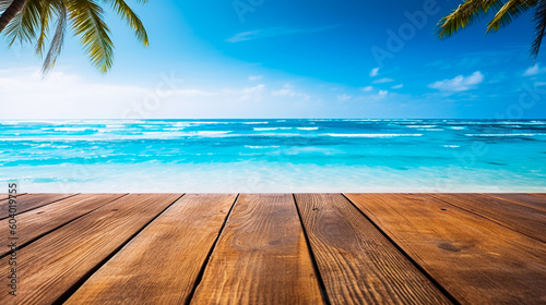 Tropical summer beach with turquoise water and blue sky illustration. Beautiful seascape from deck perspective. Ai generated travel background and exotic holiday banner with ocean or sea view
