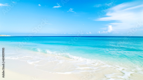 Tropical summer beach with turquoise water and blue sky illustration. Ai generated travel background with beautiful seascape. Exotic destination banner for summer holidays with ocean or sea view