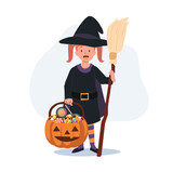 little cute girl in colorful halloween costumes as witch. Happy Halloween trick or treat. Flat Vector cartoon illustration