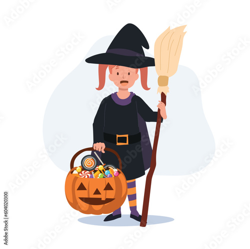little cute girl in colorful halloween costumes as witch. Happy Halloween trick or treat. Flat Vector cartoon illustration © Thidarat